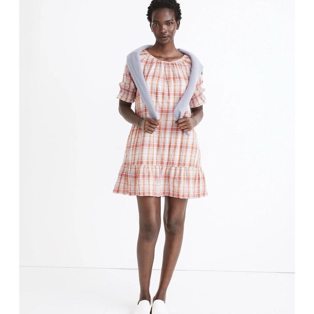Madewell Plaid Ruffle‎ Sleeve Mini Dress Womens Medium Summer Beach Picnic NEW